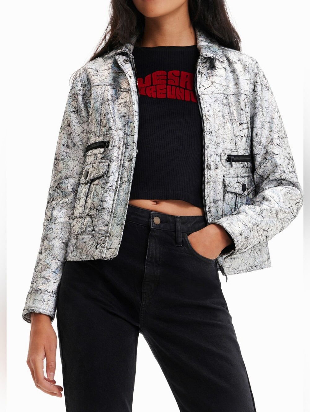 Desigual Iridescent Cracked-Metal Silver Denim Jacket - SIZE US M / EUR L